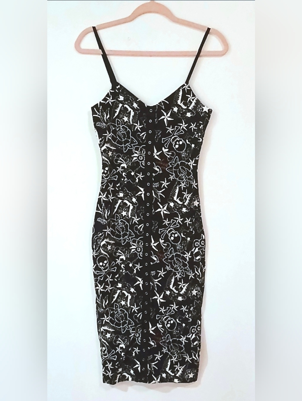 NWT Betsey Johnson Tattoo Print Dress Skull Rose Bodycon Grommet 90s Y2K S